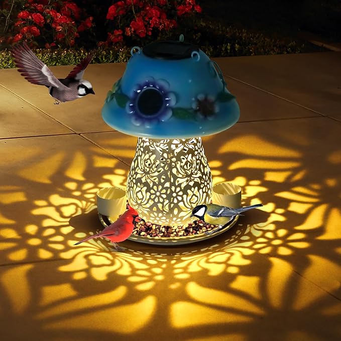 Mushroom Solar Bird Feeders for Outdoors Hanging Metal Wild Bird Feeder Garden Lantern with S Hook for Garden Decoration Blue-Ruum Studio Home