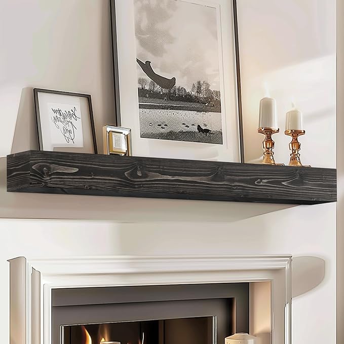 60x8x5 Fireplace Mantel - Handcrafted Hollow Rustic Solid Wood Wall Mounted Floating Shelf with Invisible Heavy Duty Wood Bracket (Weathered Black)-Ruum Studio Home
