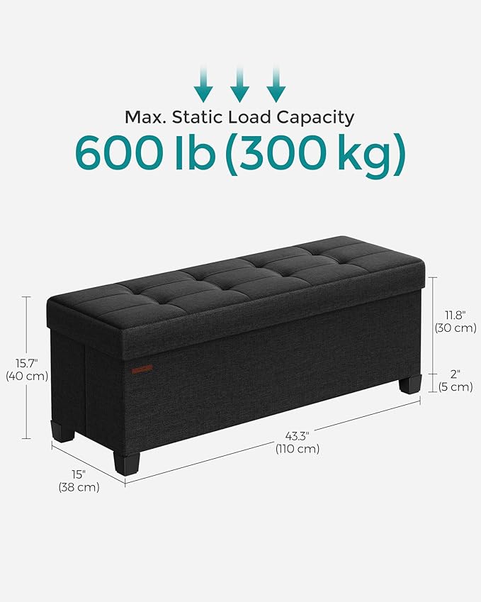 SONGMICS Storage Ottoman Bench, Foldable Foot Rest with Legs, 15 x 43 x 15.7 Inches, End of Bed Bench, Storage Chest, Load up to 660 lb, for Living Room, Bedroom, Entryway, Ink Black ULSF018B01-Ruum Studio Home