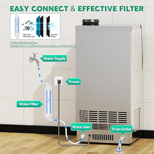 Commercial Ice Maker Machine 130Lbs/24H with 30Lbs Ice Capacity, 45Pcs Clear Ice Cubes Ready in 8-15Mins, Stainless Steel Under Counter Freestanding Large Ice Machine, 2 Water Inlet Modes-Ruum Studio Home