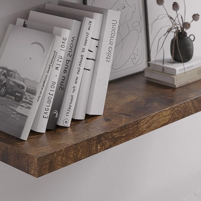 Floating Shelf, Set of 2 Wall Shelf, 24 in W x 12.75 in D x 2 in H Wooden Floating Wall Shelf with Invisible Brackets for Living Room/Bedroom/Bathroom/Kitchen Storage and Decor, Rustic Brown-Ruum Studio Home