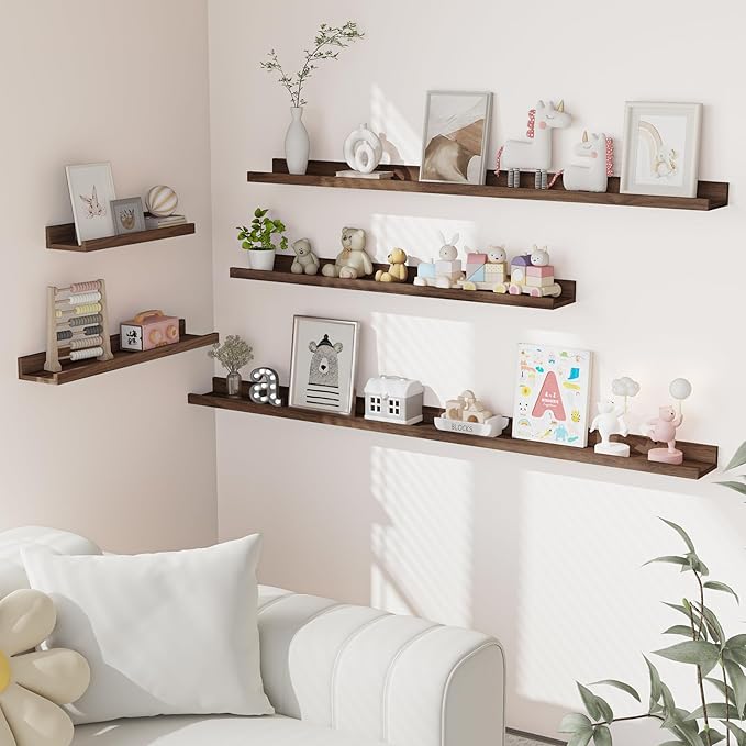 Heimlove Picture Ledge Shelf, Small Floating Shelves Set of 2, 16 Inches Picture Shelf for Wall with Ledge, Kids Bookshelf Wall Mounted for Living Room Bedroom Decor Books Photo Frames, Walnut-Ruum Studio Home