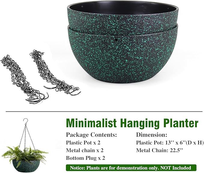 13inch Large Hanging Planters Pots for Outdoor Indoor Plants with Drainage Holes and Chain, 2pack Round Hanging Flower Pots for Garden Home Porch Decor, Black with Green Speckles-Ruum Studio Home
