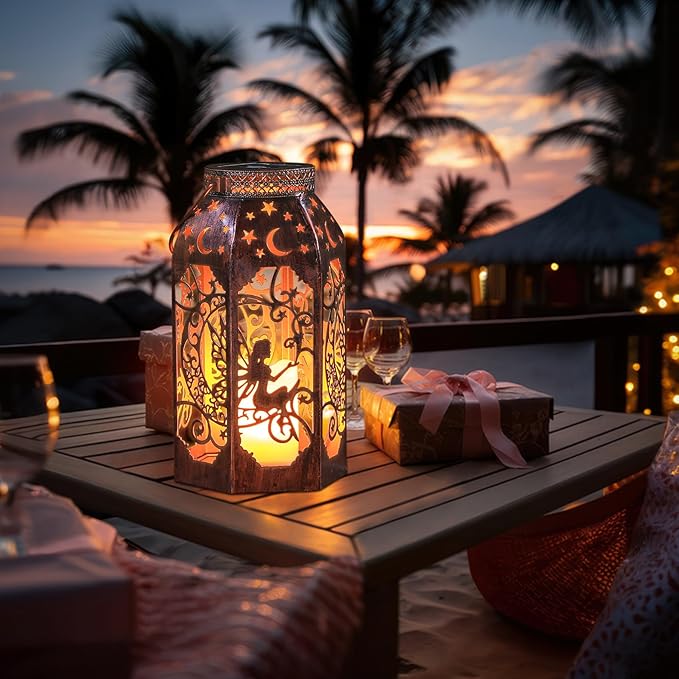 Solar Lanterns Outdoor Hanging Metal Bronze Moon Fairy Lantern, 1 Pack Waterproof Flickering Flameless Candle Mission Lights for Table,Pathway,Garden Gifts for Women, Mothers' Day Gift-Ruum Studio Home