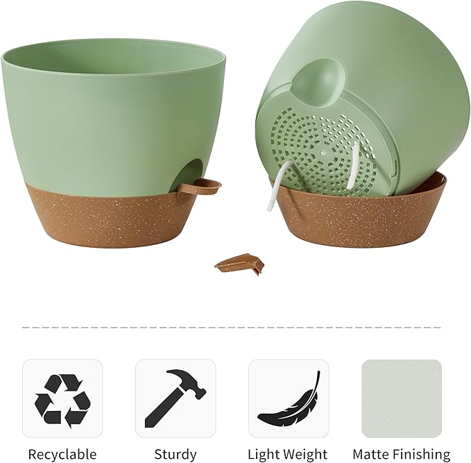 FaithLand 3-Pack Large Planter Pots, 12 10 9 Inch Self Watering Flower Pots for Indoor Outdoor Garden Plants, Green with Brown-Ruum Studio Home