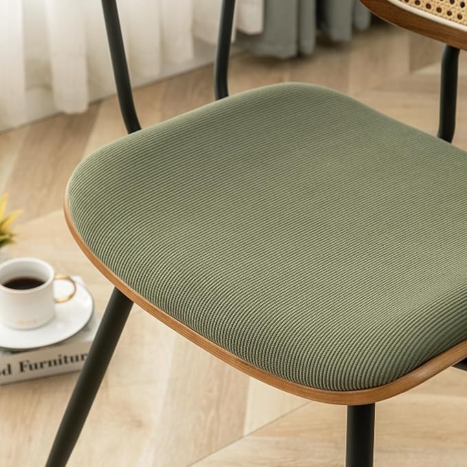 Rattan Dining Room Chairs Set of 2,Mid Century Modern Kitchen Side Chairs,Metal Legs Desk Chairs,Green Modern Corduroy Fabric Accent Chairs with Arms and Rattan Backrest-Ruum Studio Home