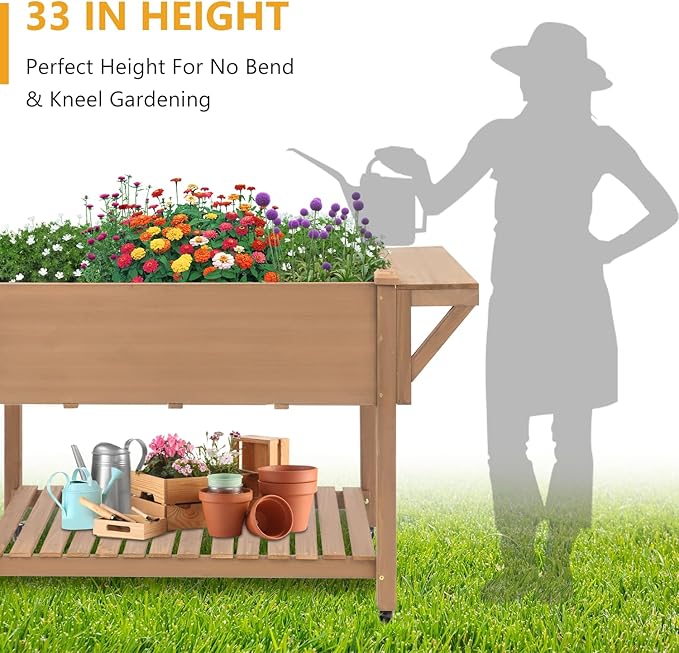 Raised Garden Bed with Lockable Wheels Mobile Elevated Wood Planter,Storage Shelf, Protective Liner,55.5x24x32in (Brown)-Ruum Studio Home