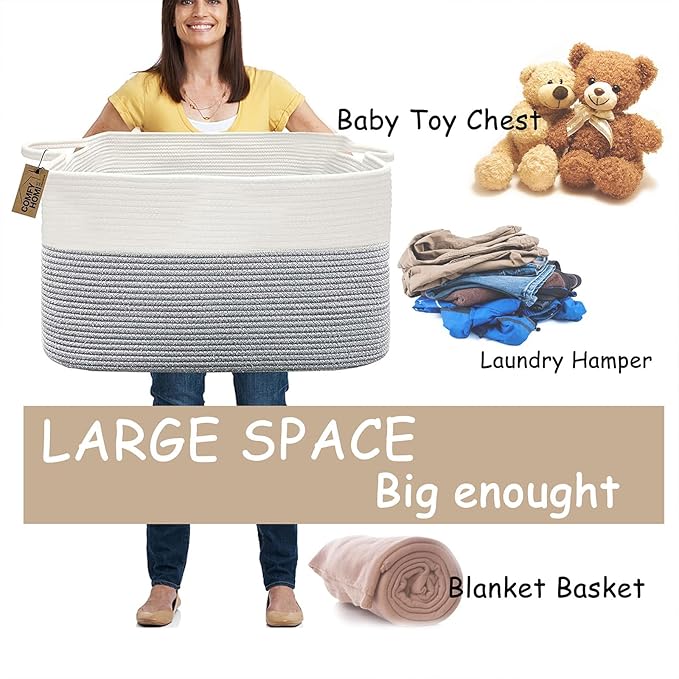 COMFY-HOMI Large Rectangle Laundry Storage Basket | Cotton Rope Woven, Organizing with Handle | Dirty Cloth & Baby Shower Basket | 22x15x12' - White/Grey-Ruum Studio Home