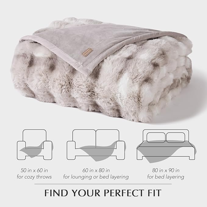 EVERGRACE Ultra Soft Luxury Fluffy Ridgeline Faux Rabbit Fur Throw Blanket, Thick Warm Bubble Throw for Bed, Cozy Plush Reversible Blankets for Couch, Chair, Sofa, Light Grey, 80x90 Inches, 870 GSM-Ruum Studio Home
