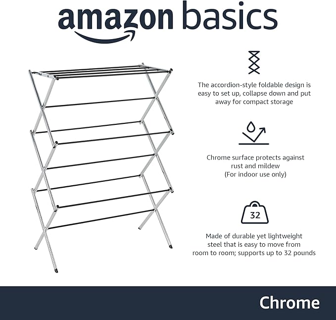 Amazon Basics Foldable Portable Laundry Drying Rack for Indoor Air Drying Clothing, 14.5 x 29.5 x 41.8 inches (LxWxH), Chrome Silver-Ruum Studio Home