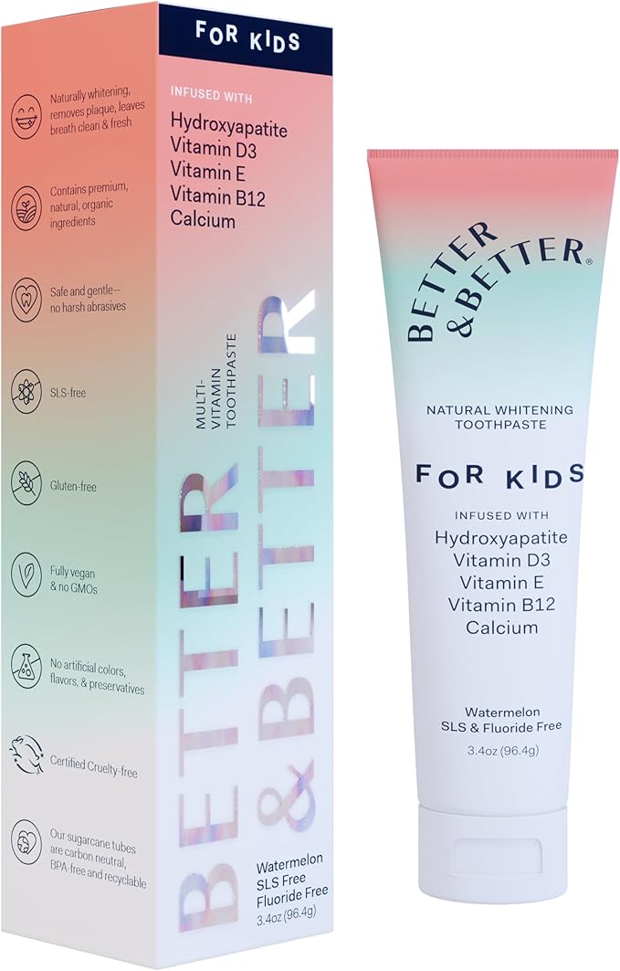 Better & Better Kids Toothpaste | Natural Hydroxyapatite Toothpaste Infused w/Calcium & Vitamins D, E, B12 | Fluoride & SLS Free for Sensitive Brushers | Watermelon Flavor | 3.4oz, 1 Pack-Ruum Studio Home