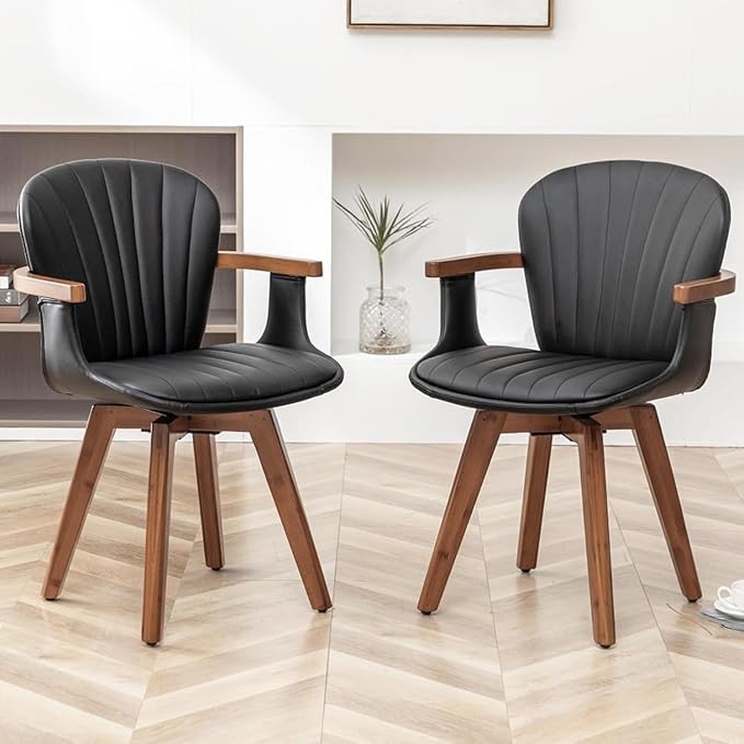 LUNLING Swivel Dining Chairs, Mid Century Modern Black Faux Leather Kitchen Chairs with Arms,Bamboo Legs Side Chairs No Wheels,Accent Chair for Dining Rooms and Offices,1PCS-Ruum Studio Home