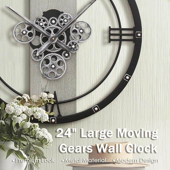 Micasso 24 inch Large Real Moving Gears Wall Clock: Black Industrial Steampunk Roman Numeral Clock - Modern Wall Decor for Living Room/Entryway/Office-Ruum Studio Home