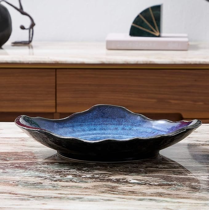 Ceramic Decorative Dish, Large Blue Pottery Decorative Bowl, Porcelain Centerpiece Tray, Key Bowl, Gift Decor Tray for Tabletop Entryway Table Living Room Dining(12'' Dish)-Ruum Studio Home