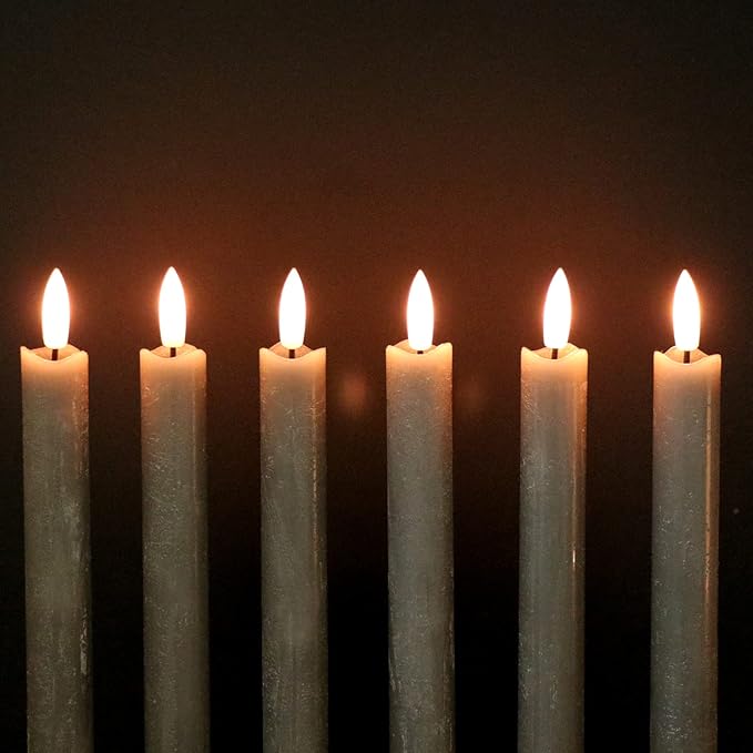 GenSwin Flameless Grey Taper Candles Flickering with 10-Key Remote, Battery Operated Led Warm 3D Wick Light Window Candles Real Wax Pack of 6, Christmas Home Wedding Decor(0.78 X 9.64 Inch)-Ruum Studio Home