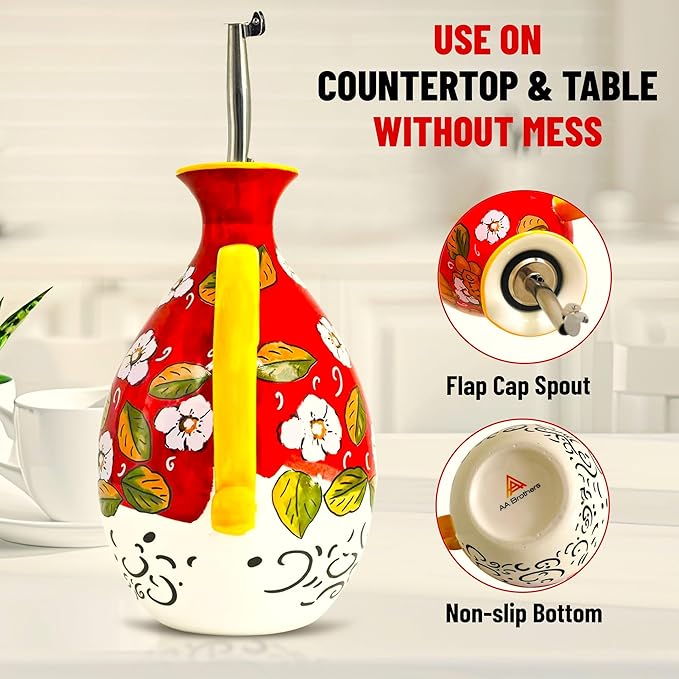Hand-Painted Ceramic Olive Oil Dispenser Bottle – 40oz Decorative Stoneware Cruet with Stainless Steel Pour Spout – Elegant Kitchen Oil & Vinegar Container, Ideal for Coffee Syrups & More-Ruum Studio Home