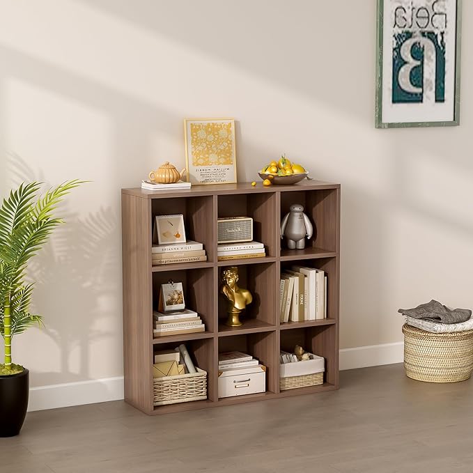 9-Cube Storage Shelf Bookcase - Wooden 3-Tier Floor Standing Open Bookshelf for Home and Office, Cuby Orgainzer, Walnut-Ruum Studio Home