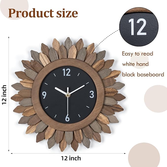 Honiway Wall Clock Battery Operated 12 in Rustic Wood Boho Sunburst Decorative Wall Clock Silent Non Ticking Farmhouse Small Wall Clocks for Living Room Kitchen Bathroom Bedroom Decor (Tricolor)-Ruum Studio Home