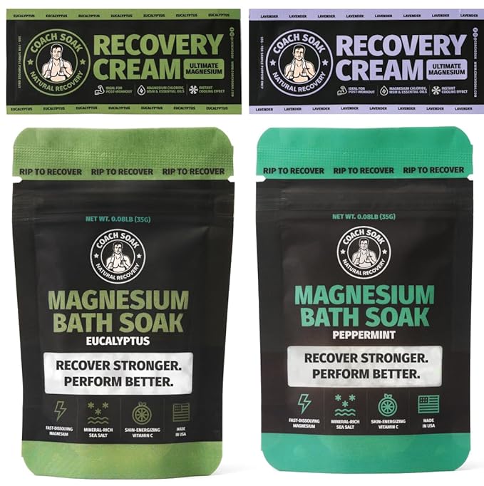 Coach Soak Magnesium Flakes & Lotion Trial Pack - Soothing Menthol Lotion & Bath Soak - 0.18 Lb Sachets - Lavender, Eucalyptus & Peppermint Scents-Ruum Studio Home