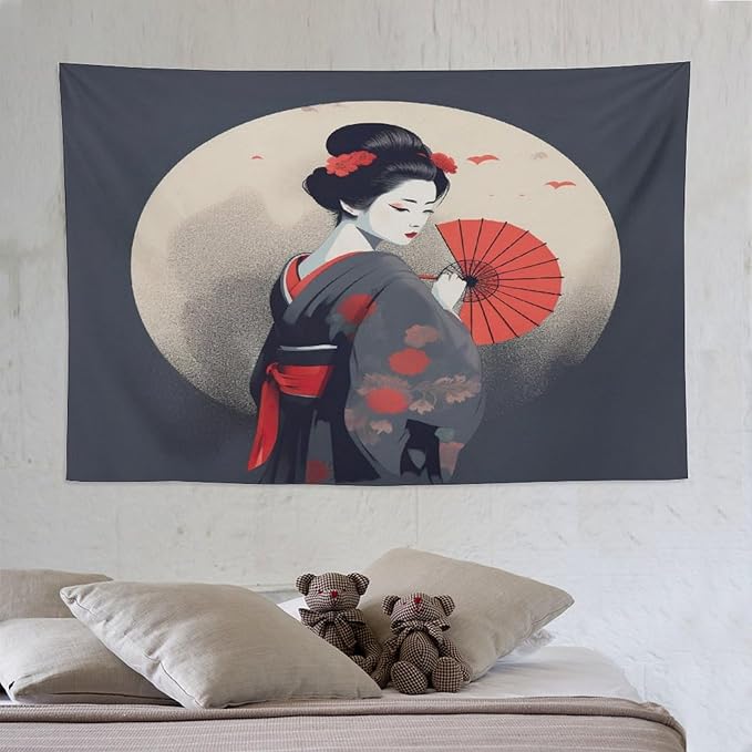 Japanese Woman Geisha Tapestry Asian Red Cherry Blossom Red Sun Traditional Kimono Folk Tapestries Home Decor for Living Room Bedroom Apartment Farmhouse Dorm 90"x60"-Ruum Studio Home
