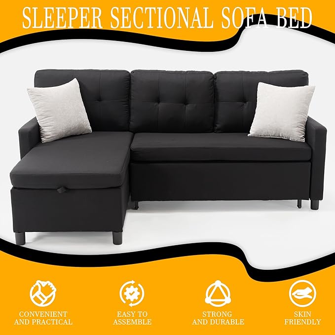 Pull Out Couch, Oversized Sleeper Sofa Couch, Sectional Sleeper Sofa Bed for Living Room Bedroom Lounge (Black, 73 Inch)-Ruum Studio Home