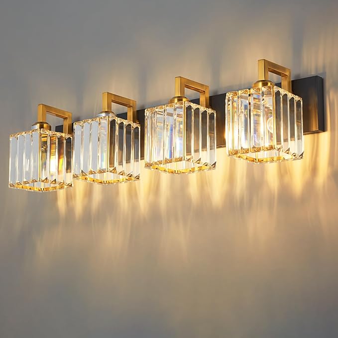 Modern Bathroom Vanity Light 4-Lights Black Gold Crystal Wall Lamp Bathroom Modern Crystal Vanity Lighting-Ruum Studio Home