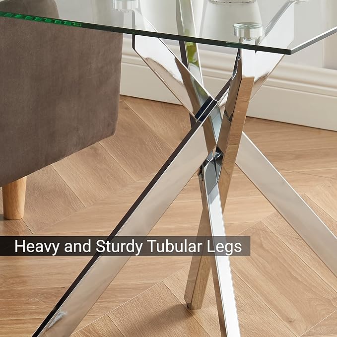 Modern Style Square Side Table with Tempered Glass Top and Metal Tubular Legs, Silver 20”Dx20”Wx22”H-Ruum Studio Home