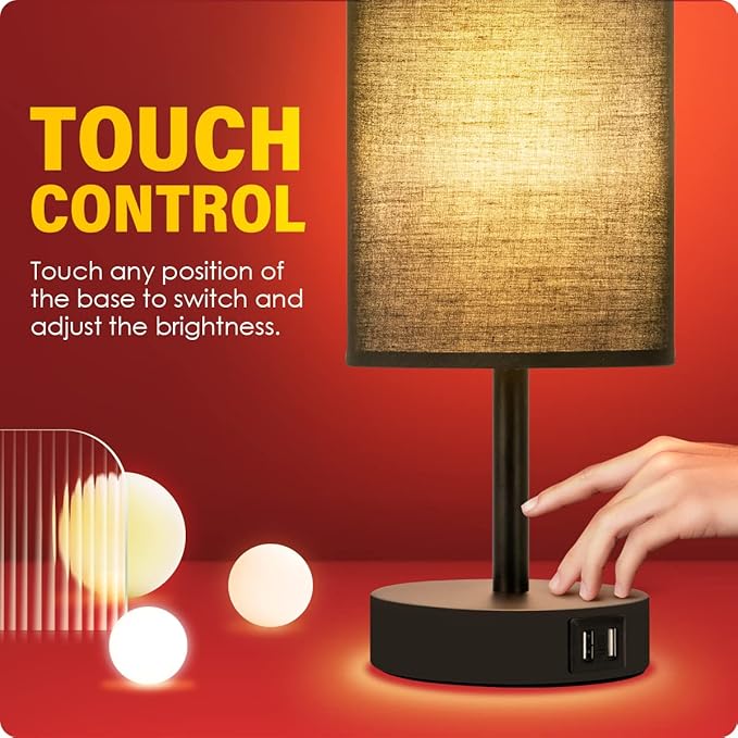 Yarra-Decor Bedside Lamp with USB Port - Touch Control Table Lamp for Bedroom 3 Way Dimmable Nightstand Lamp with Round Black Fabric Shade for Living Room, Dorm, Home Office (LED Bulb Included)-Ruum Studio Home