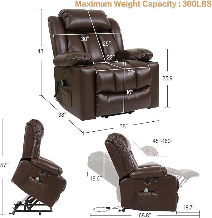 Power Lift Recliner Chair for Elderly Breathable Leather Recliner Chair with Massage and Heat for People Limited Mobility,2 Cup Holders,Electric Stand Assist,USB Ports,Gifts for Family (Brown)-Ruum Studio Home