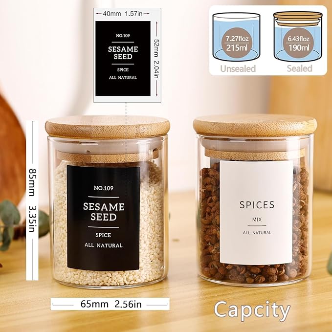 12 Pcs Glass Spice Jars With 296 Spice Labels Preprinted of White and Black Color- 6oz Thicken(2.4mm) Spice Containers With Bamboo Airtight Lids - Empty Small Herb Seasoning Jars-Ruum Studio Home