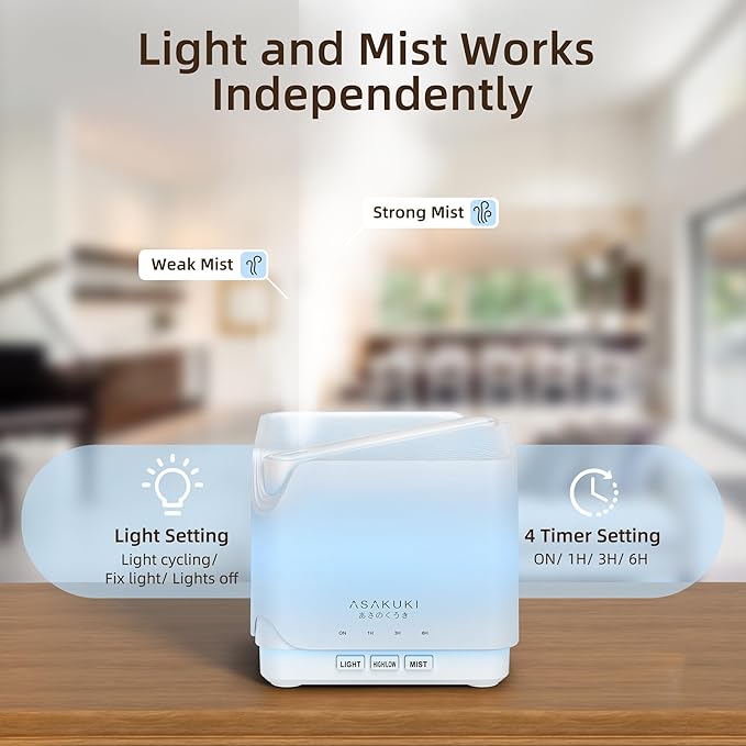 ASAKUKI Essential Oil Diffuser, Multifunctional Ultrasonic Aromatherapy Fragrant Oil Vaporizer Humidifier with Timer, Auto-Off Safety Switch, and 7 LED Light Colors, 700 ml (White)-Ruum Studio Home