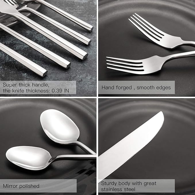Hand Forged Stainless Steel Flatware Set Silverware Set Cutlery Set Hexagon Handle 5 Pieces Service for 1-Ruum Studio Home