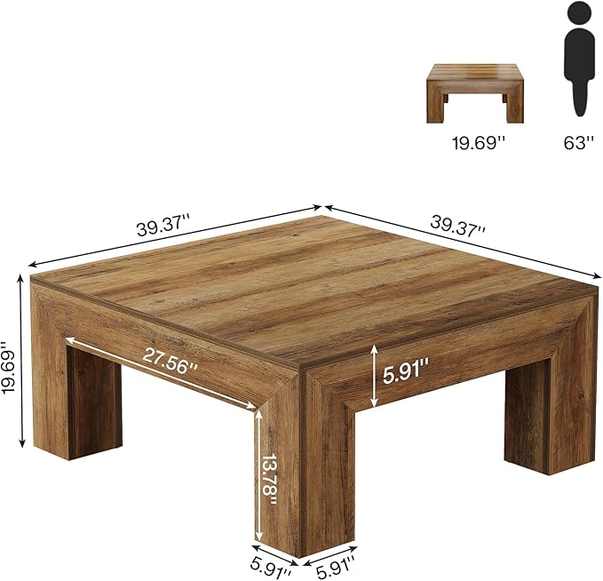 Tribesigns 39.4-Inch Square Coffee Table for Living Room, Farmhouse All MDF Accent Center Cocktail Table with Sturdy Wooden Legs, Easy Assembly, Rustic Brown-Ruum Studio Home