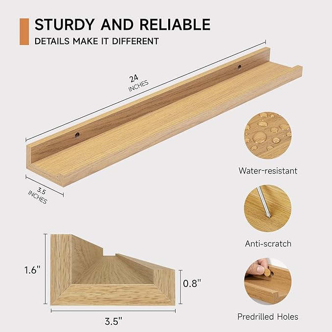 Picture Ledge Shelf for Wall, Floating Shelves Set of 4, 24 Inch Long Nursery Book Shelves for Toys Storage, Kids Bookshelf Wall Mounted for Books Photo Frames, Oak-Ruum Studio Home