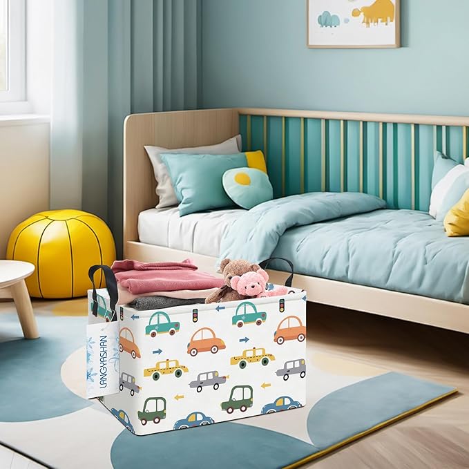 LANGYASHAN Rectangular Storage Bin Collapse Canvas Fabric Cartoon Storage Basket with Handles for Organizing Home Kitchen Boys and Girls Toys Office Closet Shelf Baskets(Rec Color Cars)-Ruum Studio Home