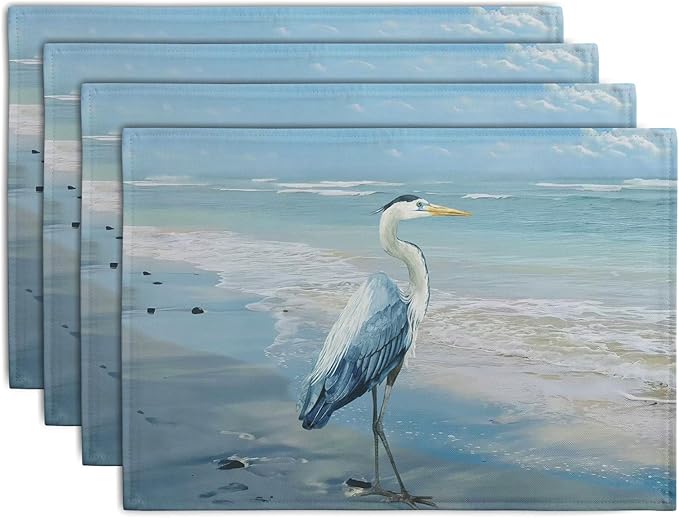 Blue Heron Placemats Set of 4 Summer Coastal Beach Pelican Placement Mats for Dining Table Nautical Ocean Bird Pattern Washable Non-Slip Heat-Resistant Linen Place Mats-Ruum Studio Home
