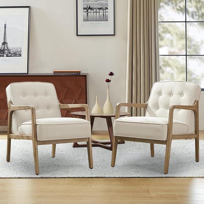 Linen Accent Chair Set of 2, Mid Century Modern Chair for Living Room, Upholstered Comfy Lounge Armchair with Solid Wood Frame, Reading Side Chair for Bedroom,105°Ergonomic Comfort, White-Ruum Studio Home