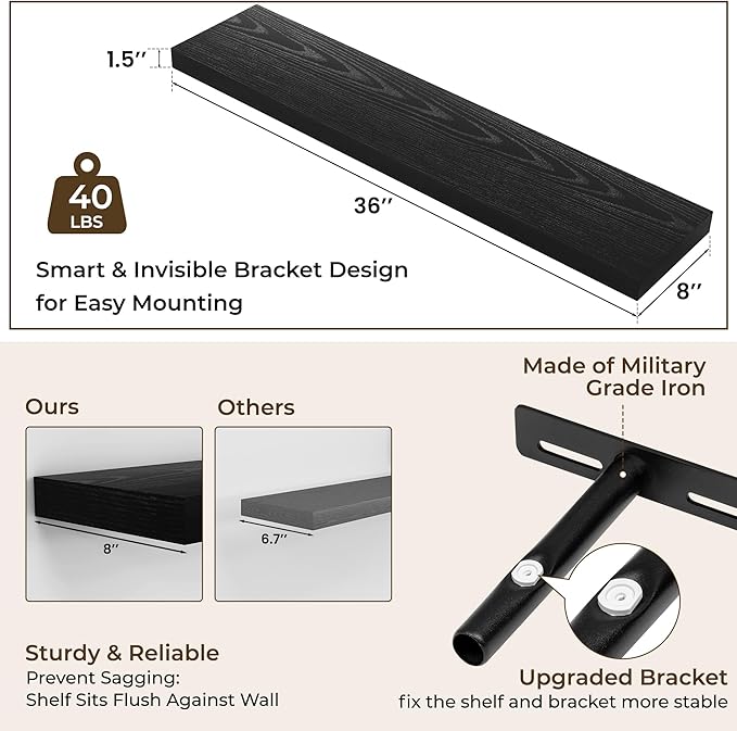 RICHFOCUS 36Inch Floating Shelves for Wall 2 Pack Shelves for Bedroom|Kitchen|Bathroom Wall Mounted Rustic Wood Floating Shelf with Invisible Brackets for Books|Storage|Decor, Black-Ruum Studio Home