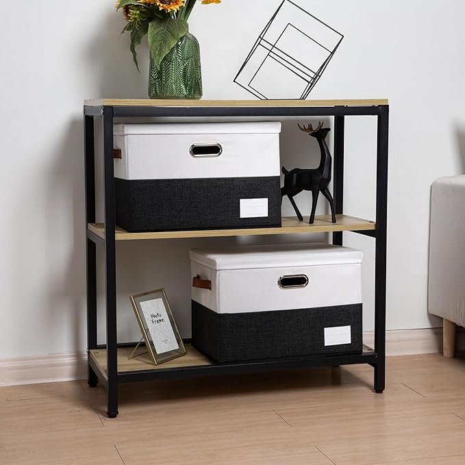 PRANDOM Foldable Storage Bins with Lids [3-Pack] Fabric Collapsible Storage Boxes Baskets Cubes Containers with Handles for Closet Living Room Bedroom (Black & White 17.7x11.8x11.8'')-Ruum Studio Home