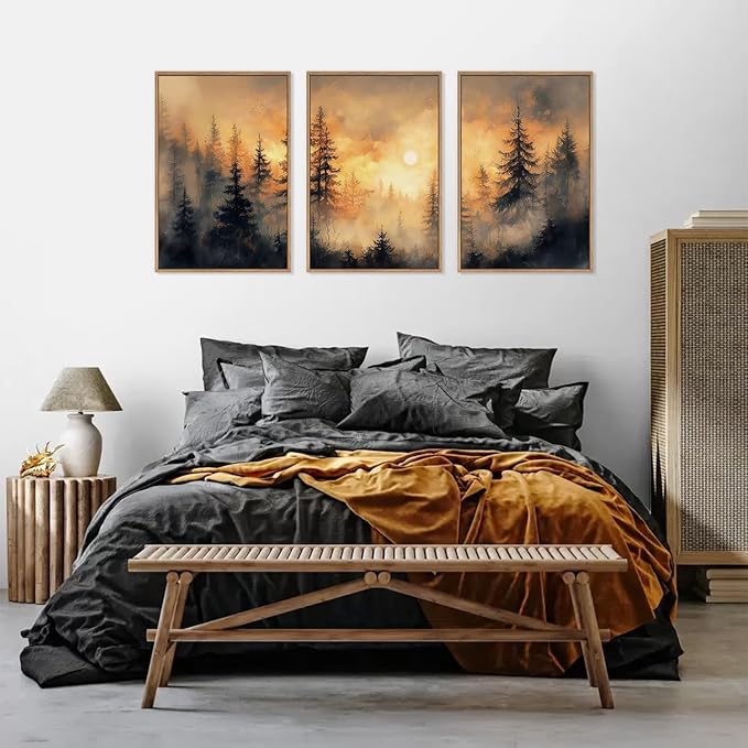 HLNIUC Golden Sunshine Forest Framed Canvas Wall Art,Foggy Forest Pine Tree Wall Decor,Large Sunset Landscape Art Print,Natural Misty Mountain Forest Wall Painting for Living Room,Bedroom - 16”x24”x3-Ruum Studio Home