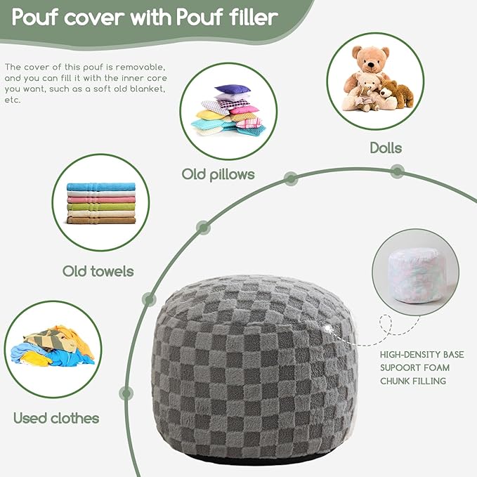 HIGOGOGO Round Stuffed Pouf Ottoman, Plaid Poufs with Foam Chunk Filling, Fluffy and Furry Pouf Foot Stool Storage Ottoman, 20 X 15 Floor Poufs Foot Rest for Living Room, Grey-Ruum Studio Home