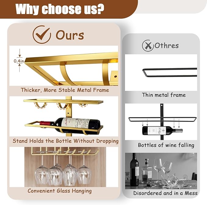 8 Bottle Wall Mount Wine Rack with Wine Glass Holder, Metal Wine Wall Rack, Wall Racks for Wine Bottles Display and Storage, Hanging Bottle Organizer for Living Dining Room Wine Cellar Bar (Gold)-Ruum Studio Home