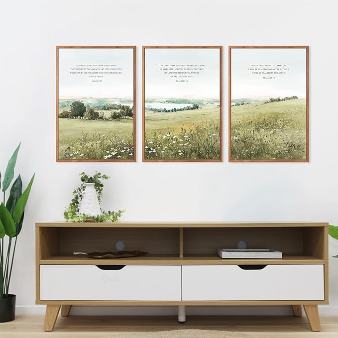 KAIRNE Scripture Christian Canvas Wall Art,Bible Verse Prints Set of 3(16”X24”),Modern Scripture Floral Wall Decor,Framed Green Countryside Field Paintings for Living Room Bedroom Ding Room Decor-Ruum Studio Home