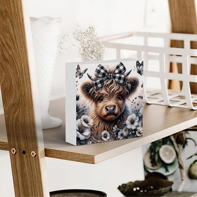 Highland Cow Decor, Highland Cow Gifts for women, Highland Cow Nursery Decor, Wooden Box Decor Sign for Home Farmhouse Office Living Room Table Shelf Tiered-Ruum Studio Home