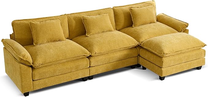 URRED Modular Sectional Sofa Comfy Cloud Couch, Modern Chenille Sofa Sleeper Deep Seat Couches with Ottoman/Pillows for Living Room (Yellow, 117''- L Shape)-Ruum Studio Home