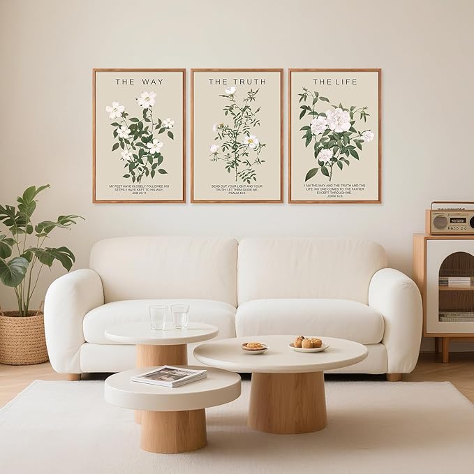 Aurlan The Way The Truth The Life Bible Verse Framed Wall Art(16"x24"), 3PCS Boho Christian Scripture Canvas Artwork, Large Floral Botanical Job 23:11 Psalm 43:3 John 14:6 Decor for Home Bedroom-Ruum Studio Home