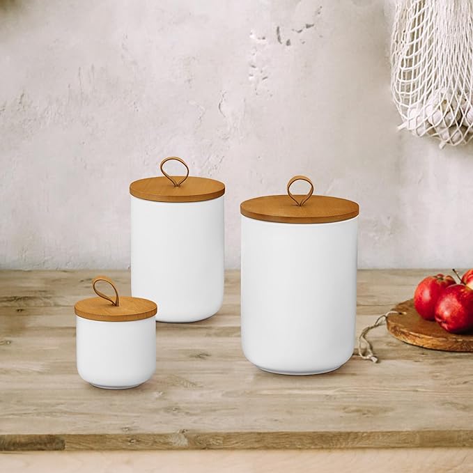 Ceramic Storage Jars, Modern Elegant Polished Airtight Gorgeous Storage Canisters with Wooden Lid Small Food Stroage Jar for Kitchen Spice Tea Vanilla Sugar Coffee Beans (3Pcs Suit White)-Ruum Studio Home
