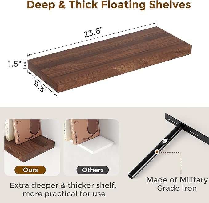 24 x 9 Floating Shelves, 9 Inch Deep Floating Shelf Wall Mounted, 24 Inch Bathroom Shelves Set of 2, Rustic Wood Wall Shelf for Bedroom, Living Room, Walnut Color-Ruum Studio Home