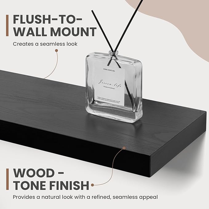24 Inch Floating Shelves, 8 Inch Deep Floating Shelves for Wall, Hanging Shelf with Invisible Brackets, Deep Shelves for Bathroom, Bedroom, Living Room, Black, Set of 2-Ruum Studio Home