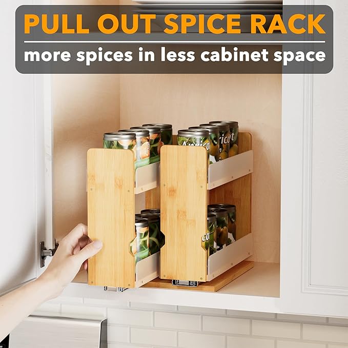 SpaceAid Bamboo Pull Out Spice Rack Organizer for Cabinet, Heavy Duty Slide Out Seasoning Kitchen Pantry Sliding Vertical Organization, 7.3" Wide, 2 Drawers(3" Wide), 2-Tier, Natural-Ruum Studio Home